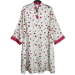 Natori Zip Front Robe Red Rose Floral Satin Long Caftan Loungewear Pockets M